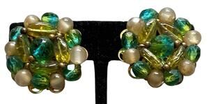 Mid century Green White Art Glass Cluster Bead Filigree Clip On Earrings